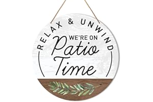 Muktoujaumai Patio Sign Decor, Patio Round Hanging Sign Decor Farmhouse Wall Decorations Outdoor Living Wood Sign for Porch, Deck, Backyard, Housewarming Gift for New House Home, We're Patio Time