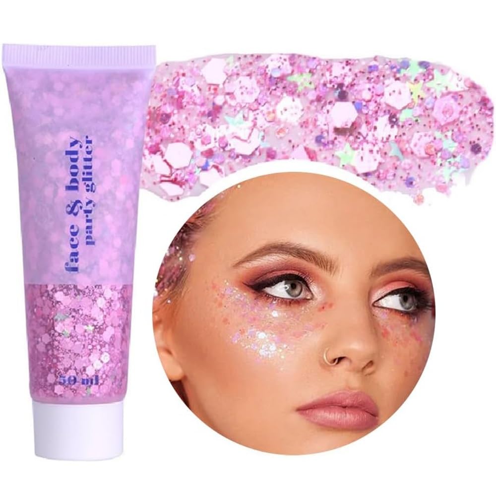Beliky Girl Body Glitter Gel, 50ml Face Glitters Body Sequins Shimmer Liquid Eyeshadow, Mermaid Sequins Liquid Holographic Glitter Gel, Chunky Glitters for Eye Hair Nail DIY Art(Pink) — image 1