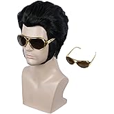 Linfairy Short Slicked Back Black Wig with Glasses Halloween Cosplay Costume Wigs for Men