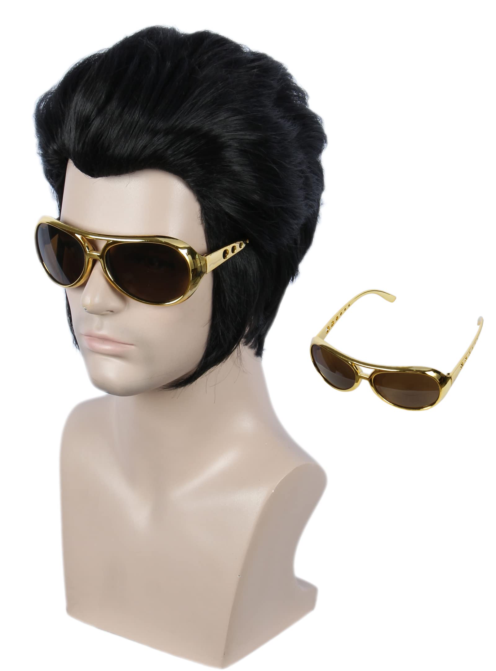 Linfairy Short Slicked Back Black Wig Wig with Glasses Halloween Cosplay Costume Wig for Men
