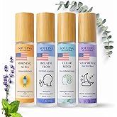 Soulina Set of 4 Essential Oil Roller – Sleep, Energy, Breath & Focus Aromatherapy Roll-On Kit, Natural Blends with MCT Oil, Handmade in USA, 4 x 10 ml