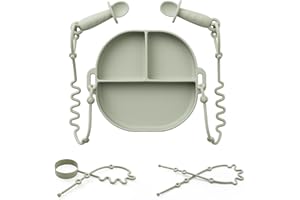 Andy Bear Silicone Plates for Babies with Suction Divided Baby Spoons Silicone Baby Toy Straps All-in-one Plates Silicone Placemat for Babies Toddlers Attachable Tethers & Built-in Suction Cups-Sage