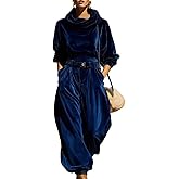 Women's 2 Piece Velour Tracksuit Hooded Cowl Neck Long Sleeve Pullover Wide Leg Sweatsuit with Pockets Velour Lounge Sets