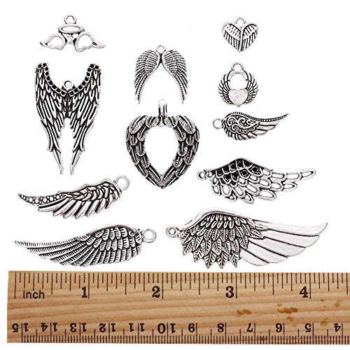 KeyZone 36 Pcs Vintage Silver Plated Assorted Angel Wings Charms Pendants DIY for Jewelry Making and Crafting