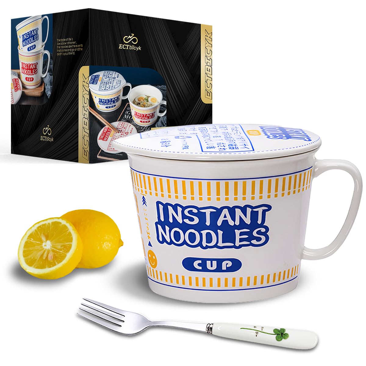 ECTbicyk 1000ml Ceramic Noodle Bowl with Lid Big Ramen Bowl Set with Fork Large Soup Mug with Handle Cute Cereal Cup Noodles Bowl Blue Microwave Safe