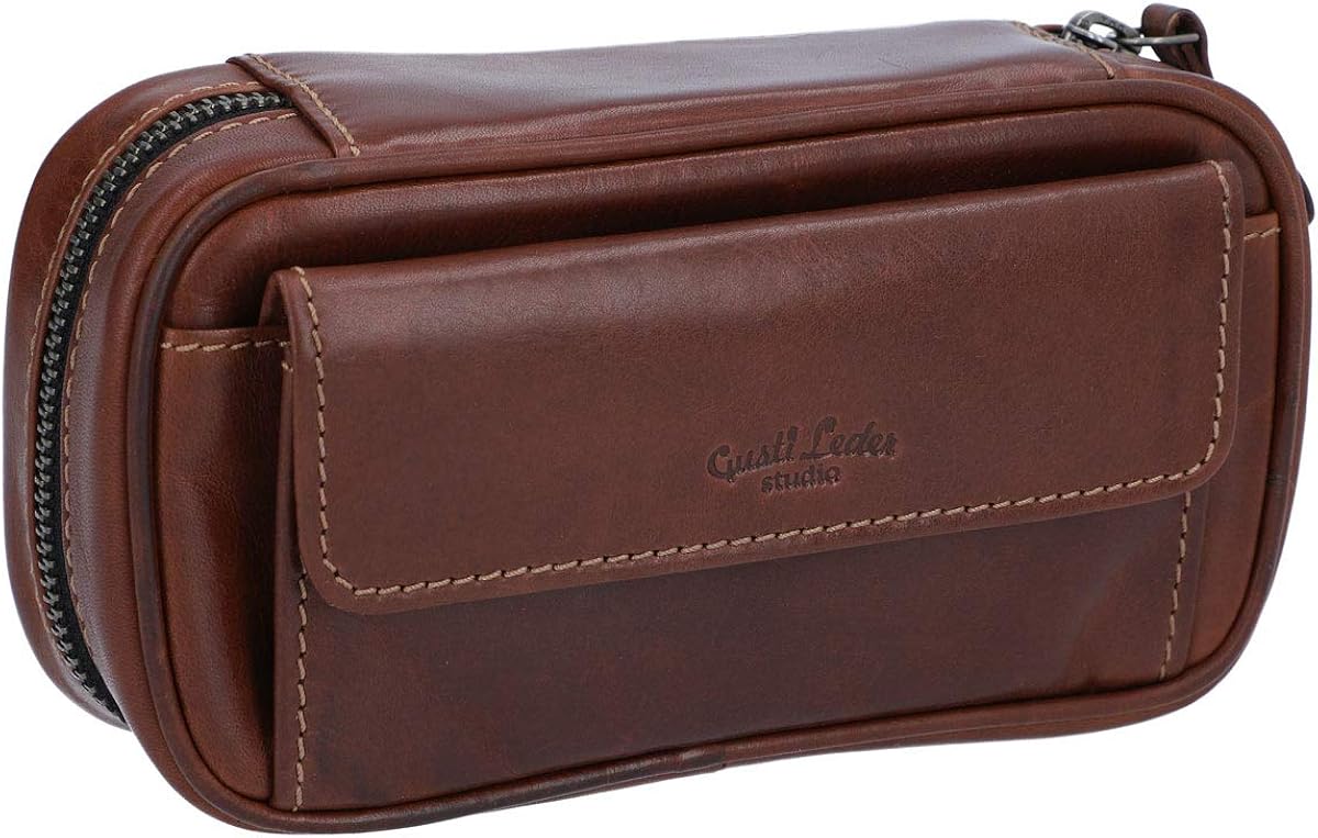 Gusti leather pipe bag - Diego pipe pouch for 3 Pipes extra tobacco compartment inner fabric from Natural Rubber pipe bag Brown leather