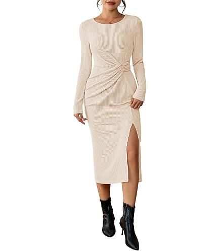 Amazon.com: Pink Queen Women's Ruched Bodycon Dress Long Sleeve Casual Elegant Midi Dresseses Wedding Guest Apricot M : Clothing, Shoes & Jewelry