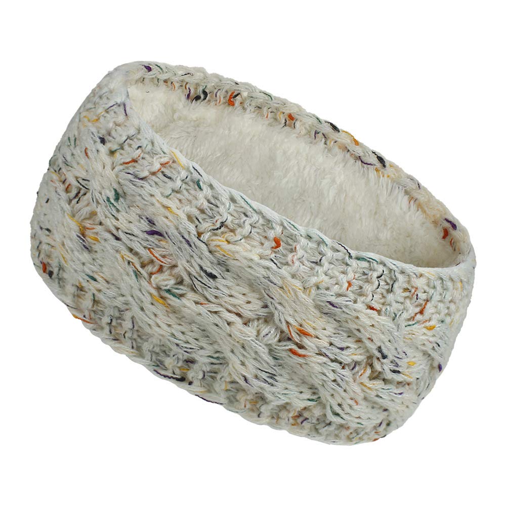 Women Ear Warmer Headband Fleece Lined Winter Warm Knitted Thick Hairband Thermal Headbands Elastic Hair Wrap (A-Beige)