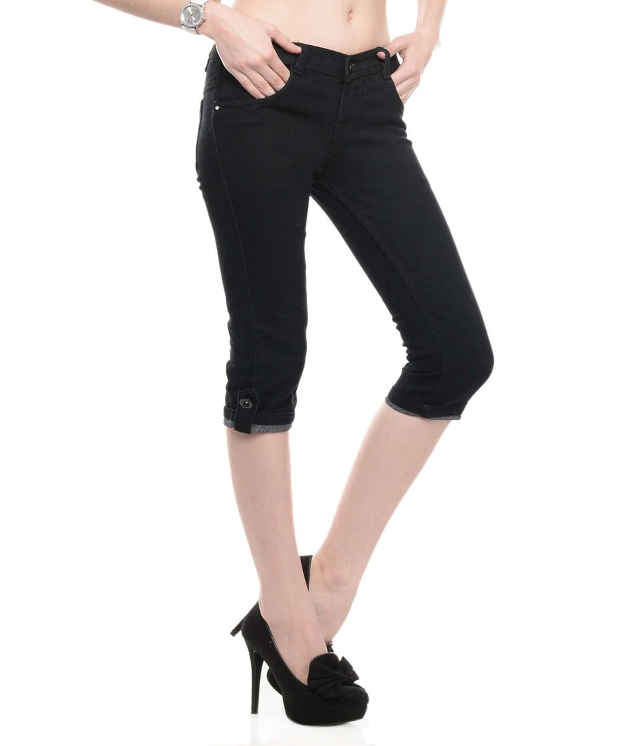 american-elm black cotton denim slim fit women capri