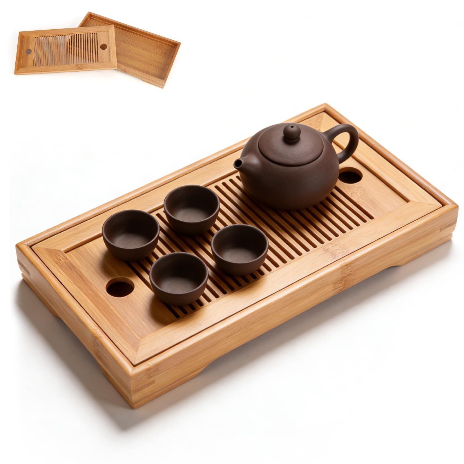 Double-layer Teapot Tray,Chinese Style Bamboo Tea Tray, Rectangular Natural Bamboo, 27 x 14 x 3 cm 2 in 1 Removable, Water Storage, Gongfu Tea Table Serving for Home Office Teahouse