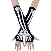 JISEN Women Punk Winter Arm Warmer Knitted Stretchy Soft Fingerless Gloves White Skeleton