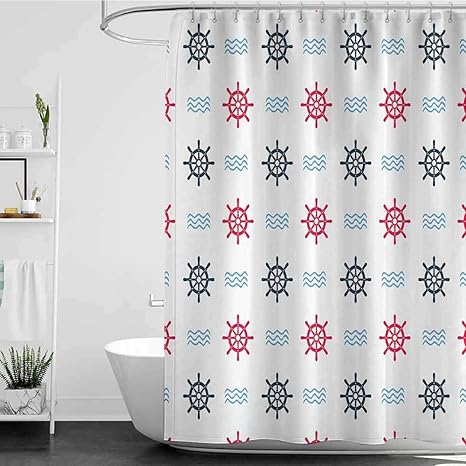 Amazon シャワーカーテン バスルーム用 アフリカ系アメリカ人船 ホイール装飾 船舵 ハンドルと抽象的な波模様 ヴィンテージ落書きスタイル イラスト レッドブルーシャワーカーテン シャワー室用 W69 X L72 シャワーカーテン ホーム キッチン オンライン通販