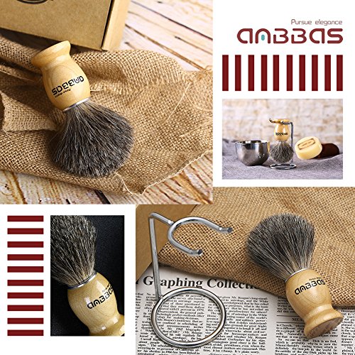 Shaving Brush Set, 4in1 Anbbas Fine Badger Shave Brush Wood Handle,Stainless Steel Shaving Stand and Soap Cup Dia 3.2inches with Shaving Soap Bar Natural Organic 3.5oz for Men