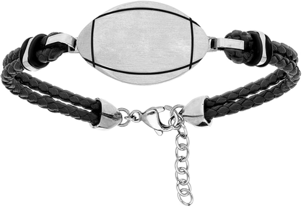 Hure & Minutes H121M787N Men's Black Leather Rugby Ball Steel Bracelet