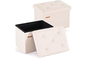 HAUSFRAU Storage Ottoman Foot Rest Stool, Small Folding Ottoman with Storage, Tufted Square Cube Footrest, Linen Beige, Set of 2