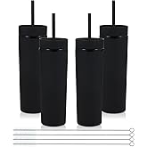 Volhoply 16oz Plastic Skinny Tumbler with Lid and Straw Bulk 4 Pack,Insulated Double Wall BPA Free Matte Acrylic Tumblers,Iced Coffee Travel Mug Reusable Party Cup,Customizable Diy Gifts(Black,4 Set)