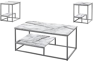 Monarch Specialties I 7963P Table Set, 3pcs Set, Coffee, End, Side, Accent, Living Room, Metal, Laminate, White Marble Look, 