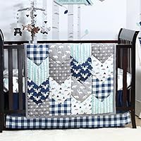 Woodland Trail 4 Piece Forest Animal Theme Patchwork Baby Boy Crib Bedding Set - Navy Blue Plaid