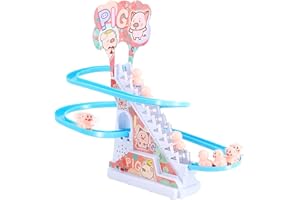 NEXTAKE Pig Slide Toy Set, Funny Automatic Stair-climbing Pigs Escalator Toy Cartoon Race Track Set Little Lovely Piggy Slide Toy with Music and Lights