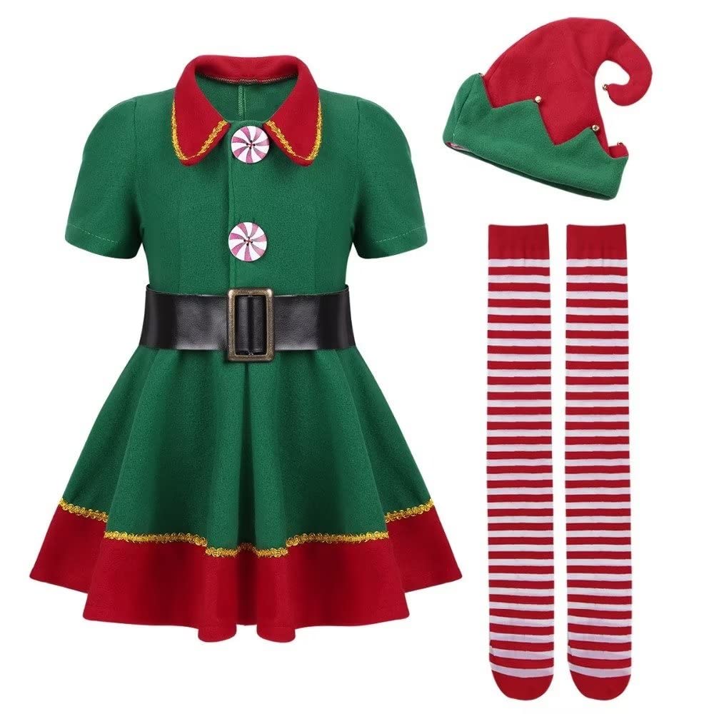 AudMsier Green Elf Girl Clothing,Elf Set Hat Shirt and Pants, Christmas Carnival Costume Role-Playing(140CM)