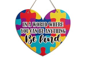 BANLAI Autism Awareness Wall Door Sign, Be Kind, Inspirational Autism Sign Nursery Classroom Baby Kids Bedroom Wood Hanging Wall Decor Sign Plaque, Motivational Gifts for Autism Child