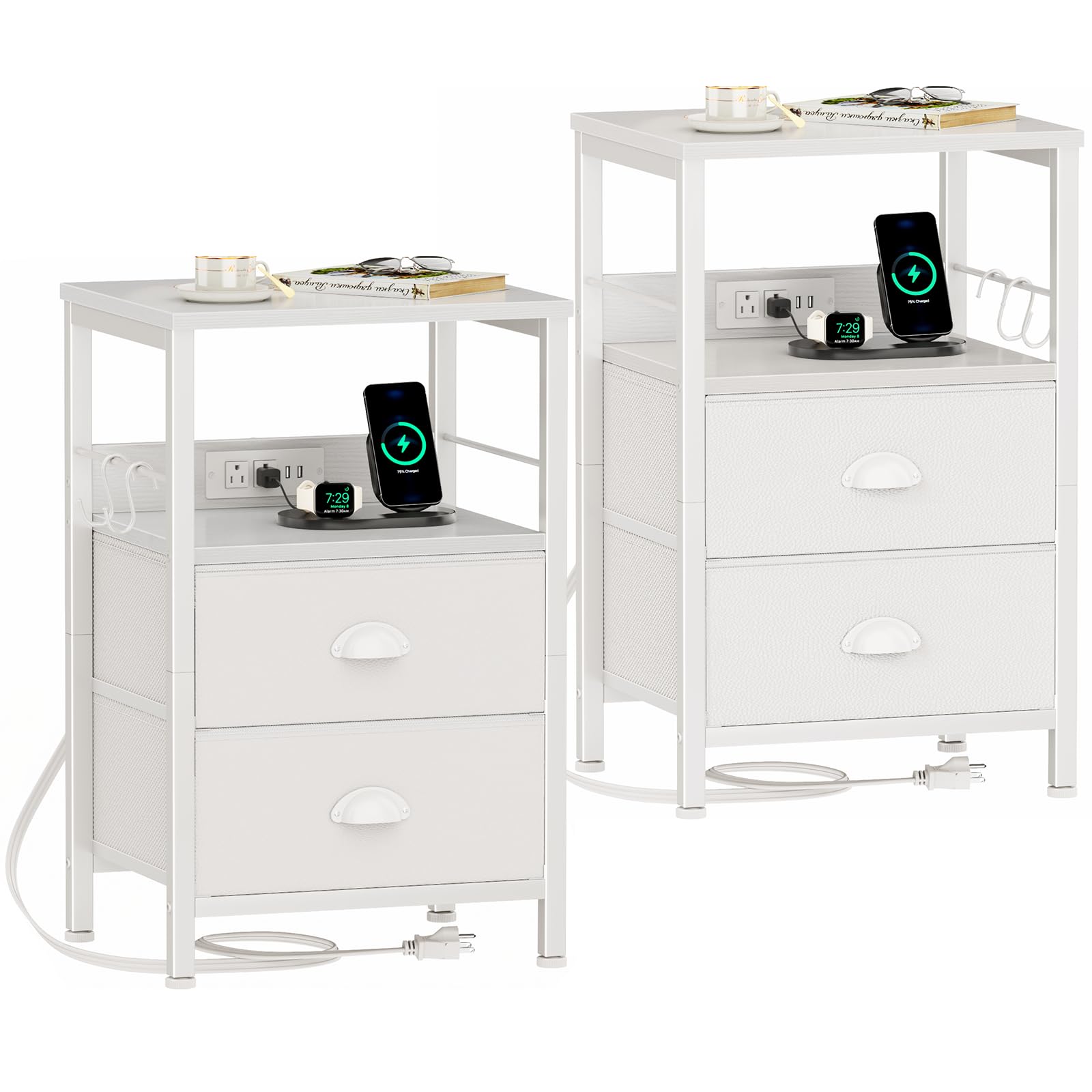 Photo 1 of Furologee Nightstands Set of 2, Night Stands with Charging Station, Side Tables with 2 Fabric Drawers, End Tables with Storage Shelves, for Bedroom, White