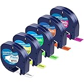 5 Pack Compatible with Dymo Letratag Refills Replacement for Dymo Label Maker Refills 12mm x 4m(1/2" x 13') Colored Plastic Label Tape for Letra Tag LT 100H 100T QX50 Handheld Label Maker Tape Refill