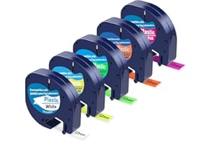 PROFICETIK 5 Pack Compatible with Dymo Letratag Refills Replacement for Dymo Label Maker Refills 12mm x 4m(1/2" x 13') Colored Plastic Label Tape for Letra Tag LT 100H 100T QX50 Handheld Label Maker Tape Refill