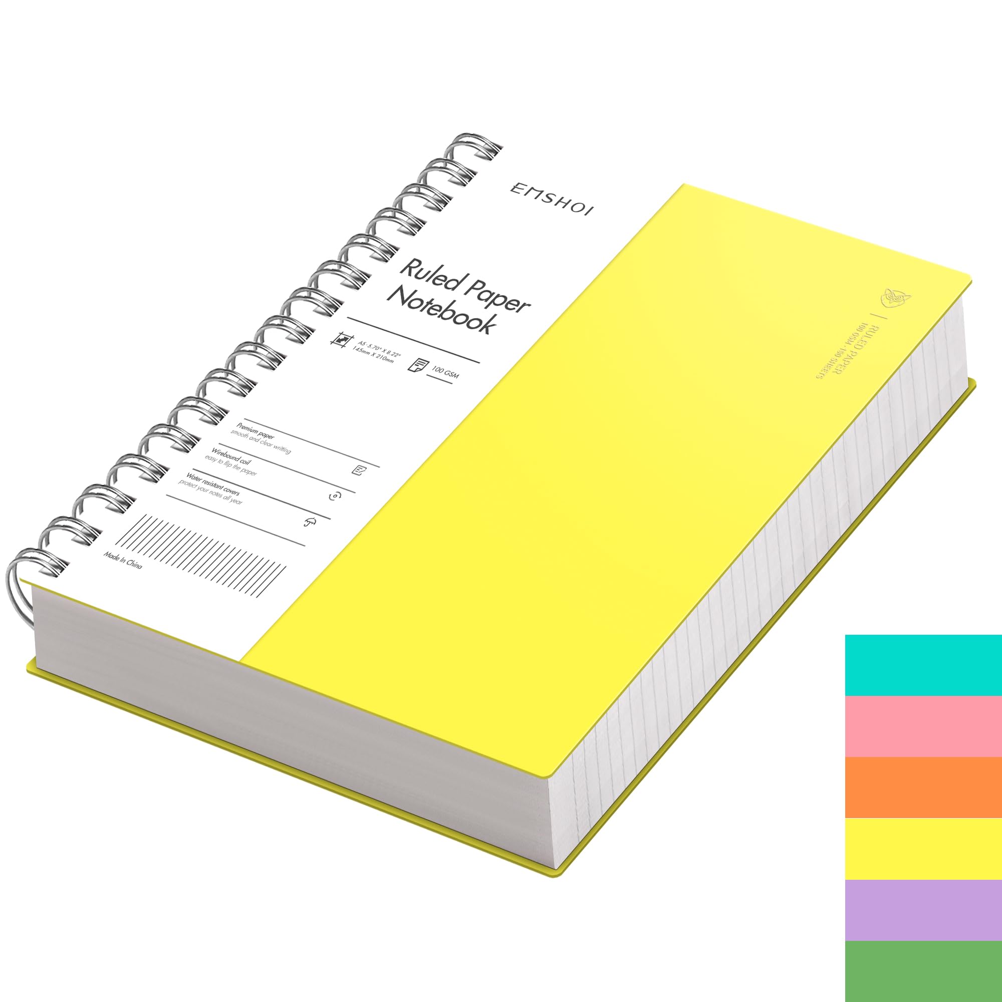 EMSHOI A5 Notebook College Ruled, Spiral Notepad 150 Sheets/300 Pages, 100gsm, PVC Cover, Sticky Notes, Pocket, Pen Loop, Ruler, Bookmark, Lined Journal for Women Men Writing, 14.5 x 21cm, Yellow — image 1