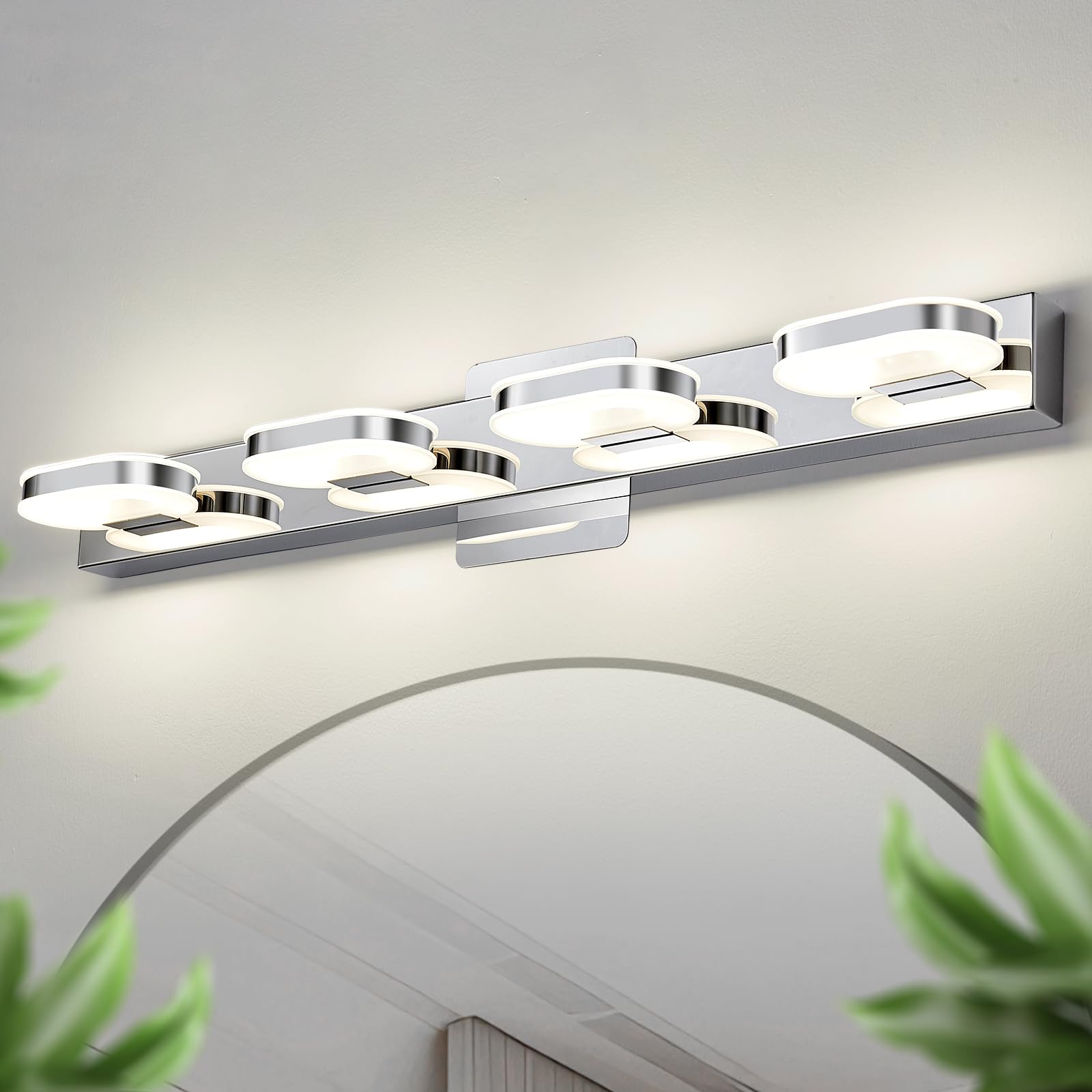 Photo 1 of Myhaptim Modern LED 4 Lights Vanity Light for Bathroom Modern Vanity Light Fixture Wall Sconce 26 Inch Natural White Light (Chrome)