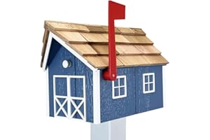 Peaceful Classics Amish Cedar Roof Wooden Mailbox with Window & Door Trim, Handcrafted Mailboxes for Outside, Post Mount Residential Mailboxes - (Country Blue & White, Wood)