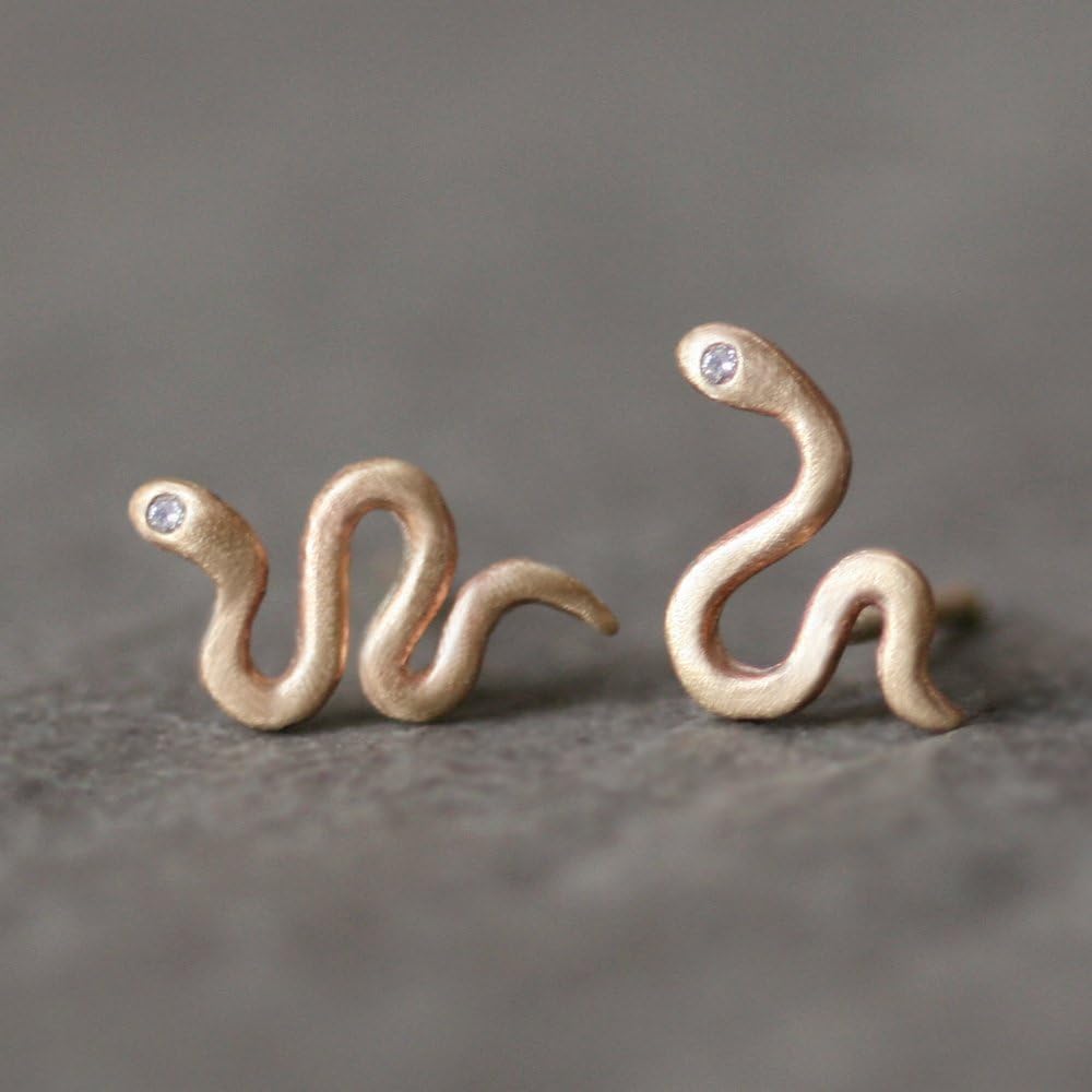Mini Mismatched Snake Stud Earrings in 14K Gold with Gemstones