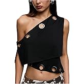 Verdusa Women's Punk Grommet Eyelet Off Shoulder Tops Asymmetrical Slit Crop Top Concert Outfits
