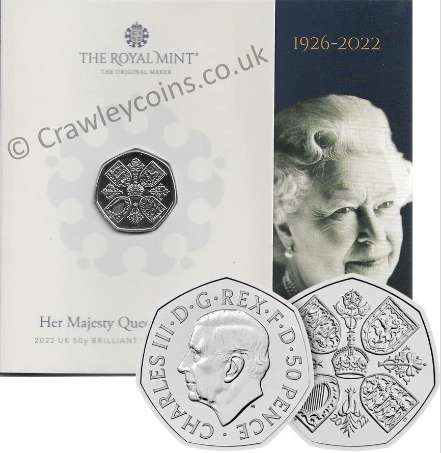 CrawleyCoins 2022 Queen Elizabeth II Memorial 50p Brilliant Uncirculated Coin Charles III Portrait Mint Sealed Pack