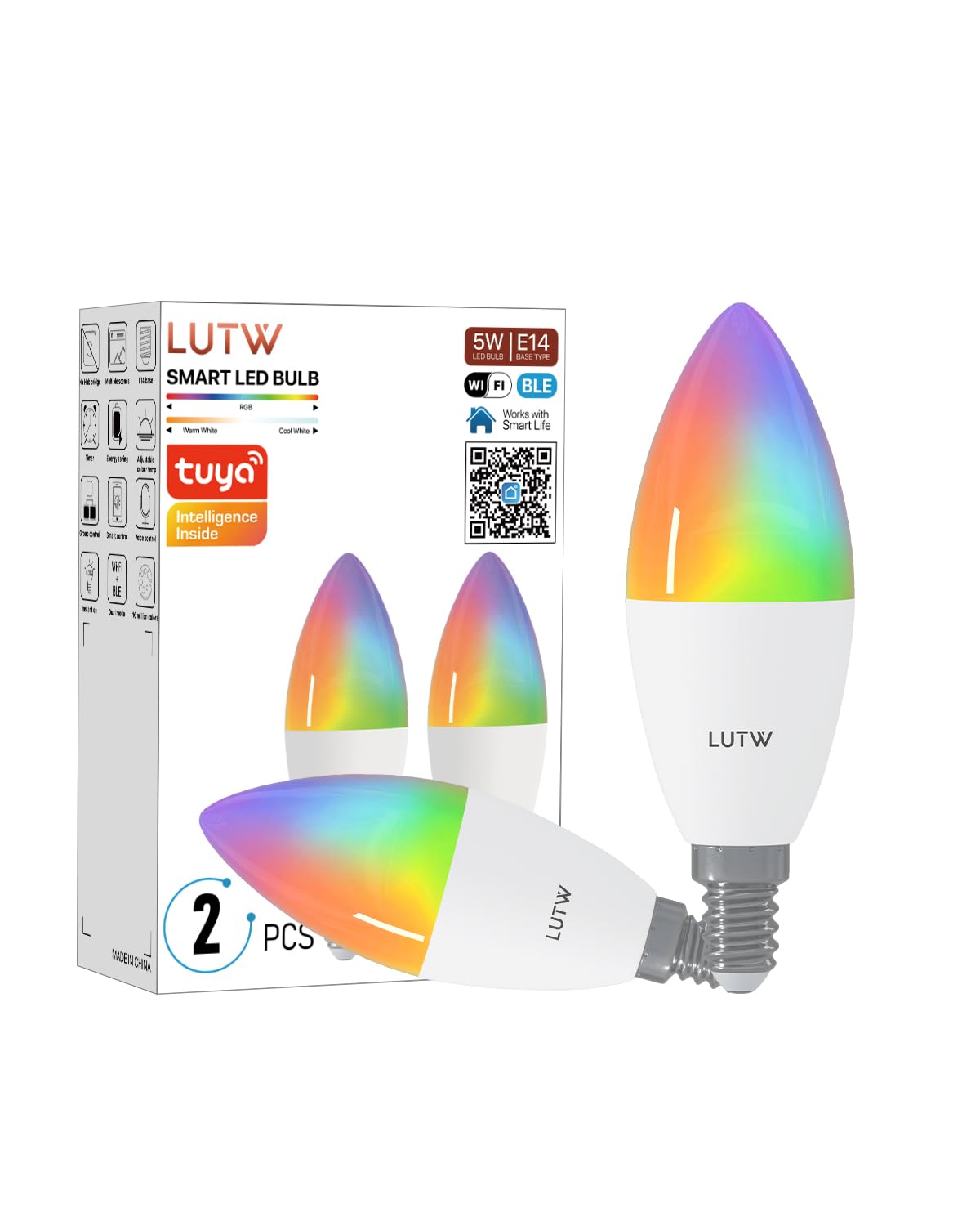 LUTW Smart Light Bulb E14, 5W 470LM C37 Alexa Light Bulbs E14, Color Changing Light Bulb, Compatible with Alexa and Google Home, RGB WiFi&Bluetooth 2.4GHz Candle Light Bulbs, No Hub Required, 2 Pack