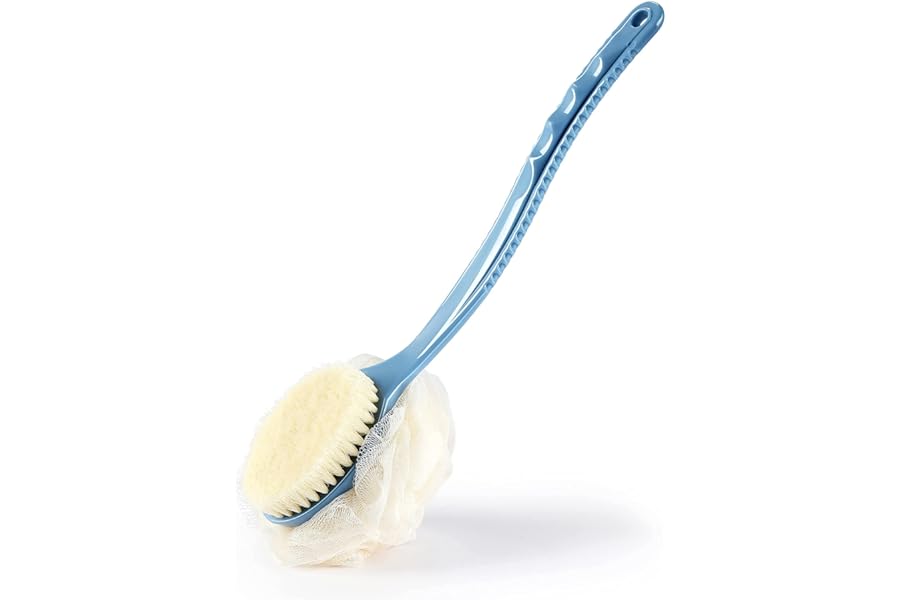 Shower Body Brush with Bristles and Loofah,Back Scrubber Bath Mesh Sponge with Curved Long Handle for Skin Exfoliating Bath, Massage Bristles Suitable for Wet or Dry, Men and Women (Blue)