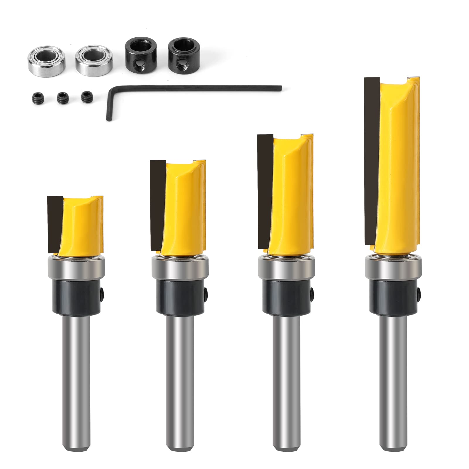 Yueqing Zhongji Flush Trim Router Bits 1/4 Inch Shank-6.35MM Shank Flush Trim bit Pattern Flush Trim Router Bit Set Router Flush Trim bits Cutting Height in 25/64” 3/4” 1” 1-1/2” 1/4 Shank Router bits