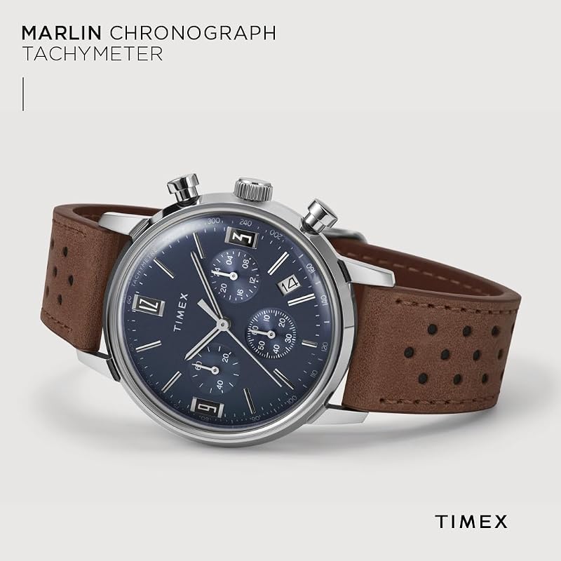 Marlin Chronograph - relógio masculino de 40mm, correia de libertação rápida em pele castanha, mostrador azul, caixa em aço inoxidável TW2W10200