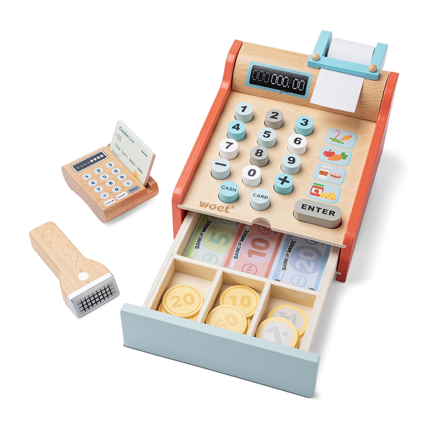 Woet® Red Wooden Toy Cash Register for Kids - Pretend Play Shop Toy with Scanner and Card Reader - Role Play Checkout Set - Age 3 Years+