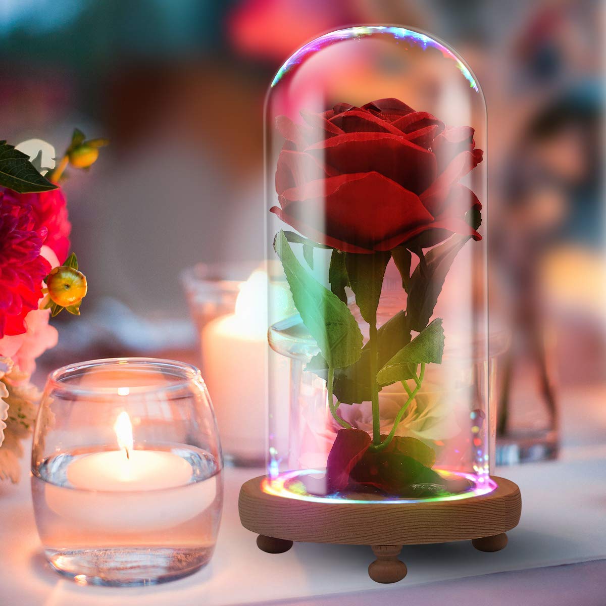 jiabang Red Velvet Rose Colorful Night Light in Glass Dome - Romantic Gift for Her | Movie Theme Party Wedding Decoration