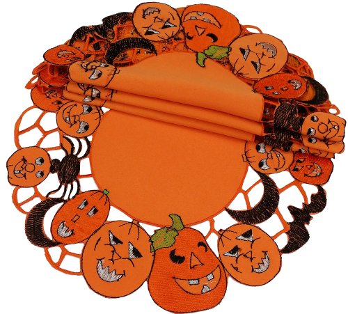 Xia Home Fashions 4-Pack Happy Jack-O-Lanterns Round Halloween Placemats, 16-Inch
