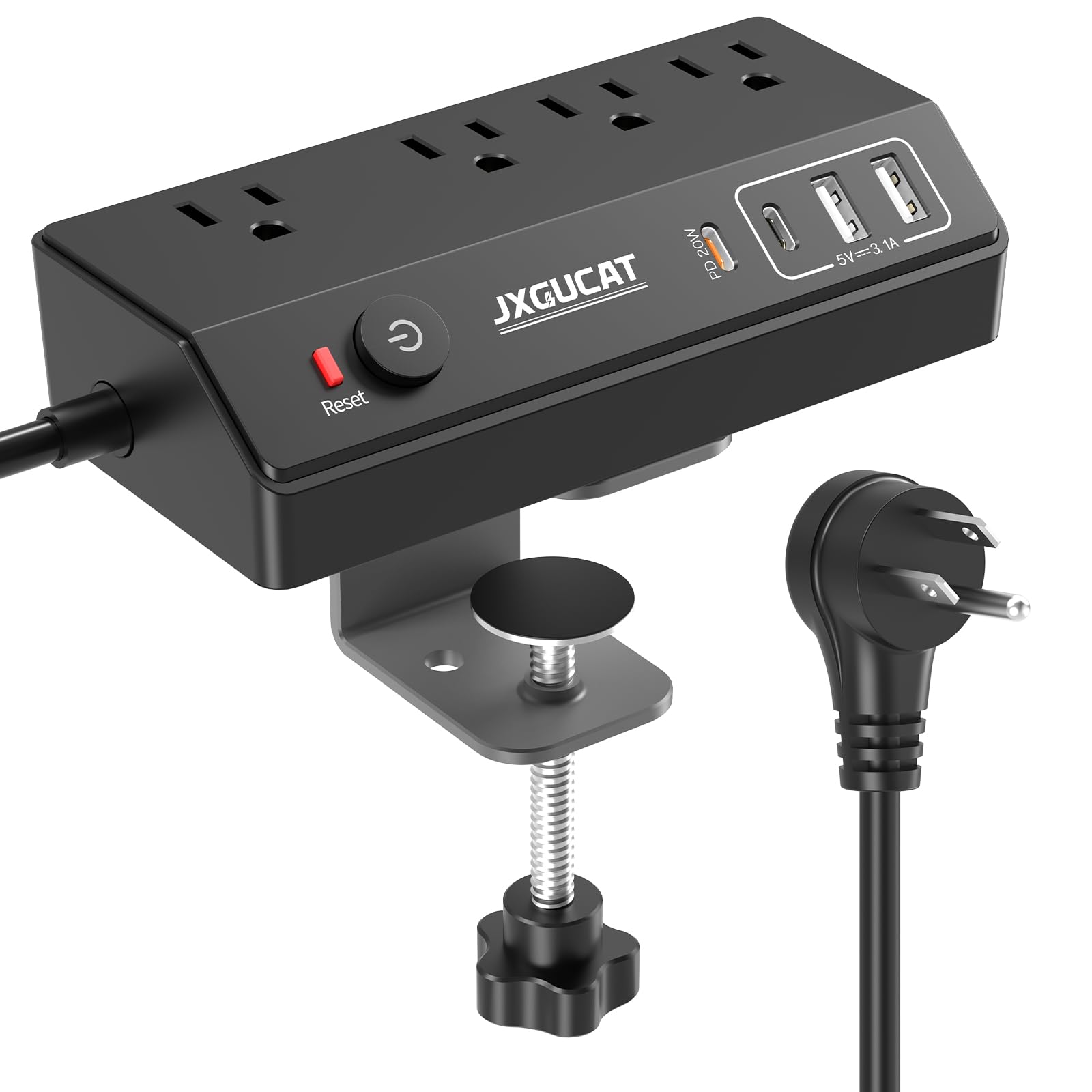 Photo 1 of Desk Clamp Power Strip 10FT with PD 20W Fast Charging USB C, JXGUCAT Desktop Mount Power Strip Surge Protector, Removable Extension Cord with 4 Outlets 4 USB Ports, Fit 1.8" Tabletop Edge, Black