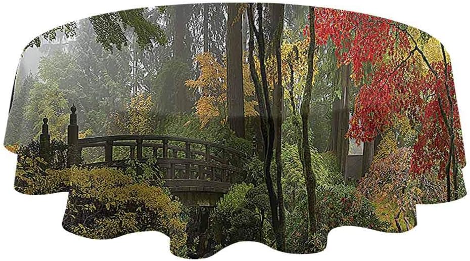 Apartment Decor Collection Round Outdoor Tablecloth Wet Wooden Bridge at Portland Japanese Garden Oregon in Autumn with Various Trees Picture Dust-Proof Table Cover Paprika Green (Diameter 54")