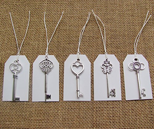 SL crafts Mixed 50pcs Antique Silver Skeleton Keys & 50 pcs White Tags Key Charms Pendants Wedding favor 53mm-68mm
