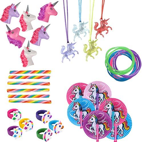 Unicorn Party Favors and Supplies for Kids | 6 Pack | Toys and Novelty Items | Finger Puppets, Foldable Fans, Jelly Bracelets, Rings and Necklaces