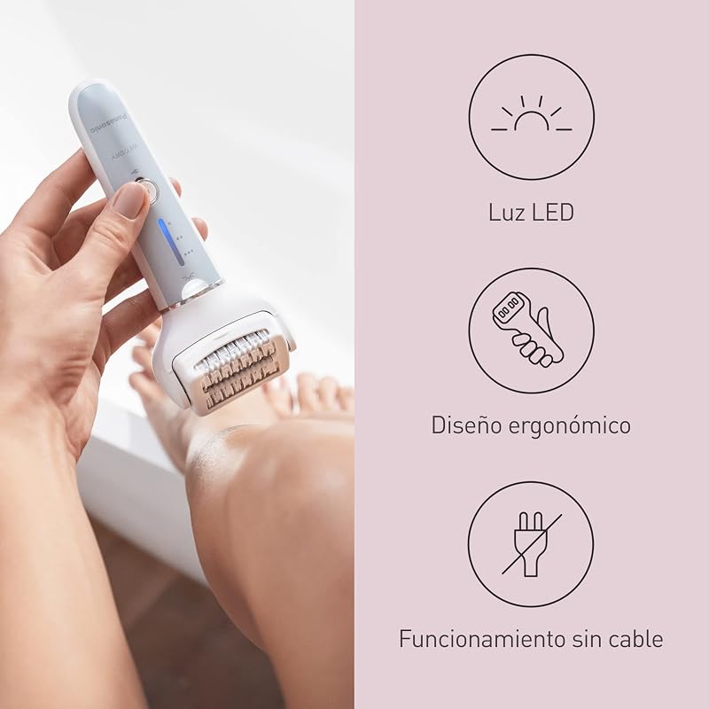 ES-EY90-A503 Húmedo y Seco Depiladora, Doble Disco con 60 Pinzas, Flexible 90º Pivotante Cabeza, 3 velocidad Ajustes, LED Luz, 30 Min de Operación, Cabeza para Cuidado Pies, Cabeza Afeitado