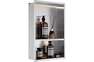 MENATT 12x18 inch Brushed Stainless Steel Shower Niche with LED Lights, 2-Tier Recessed Bathroom Storage Shelf, No Tile Needed Wall Niche Insert for Shower/Bathroom