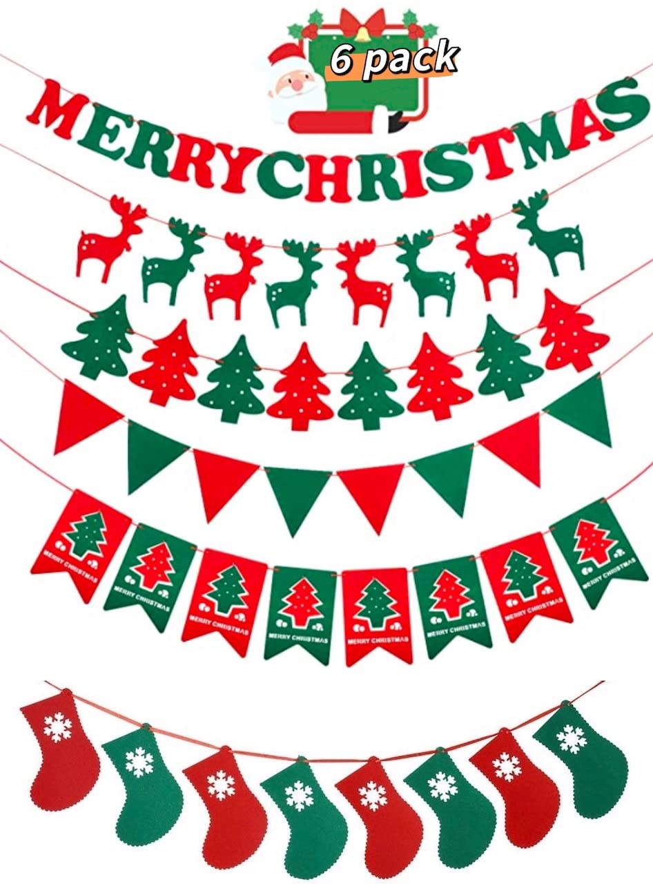 JunmeUir 6 pack of Merry Christmas Bunting Banners Letters Garland, Red Green Santa Claus Reindeer Socks Christmas Tree Fabric Flag Decoration for Xmas Party Home Hanging Indoor Outdoor Decorations