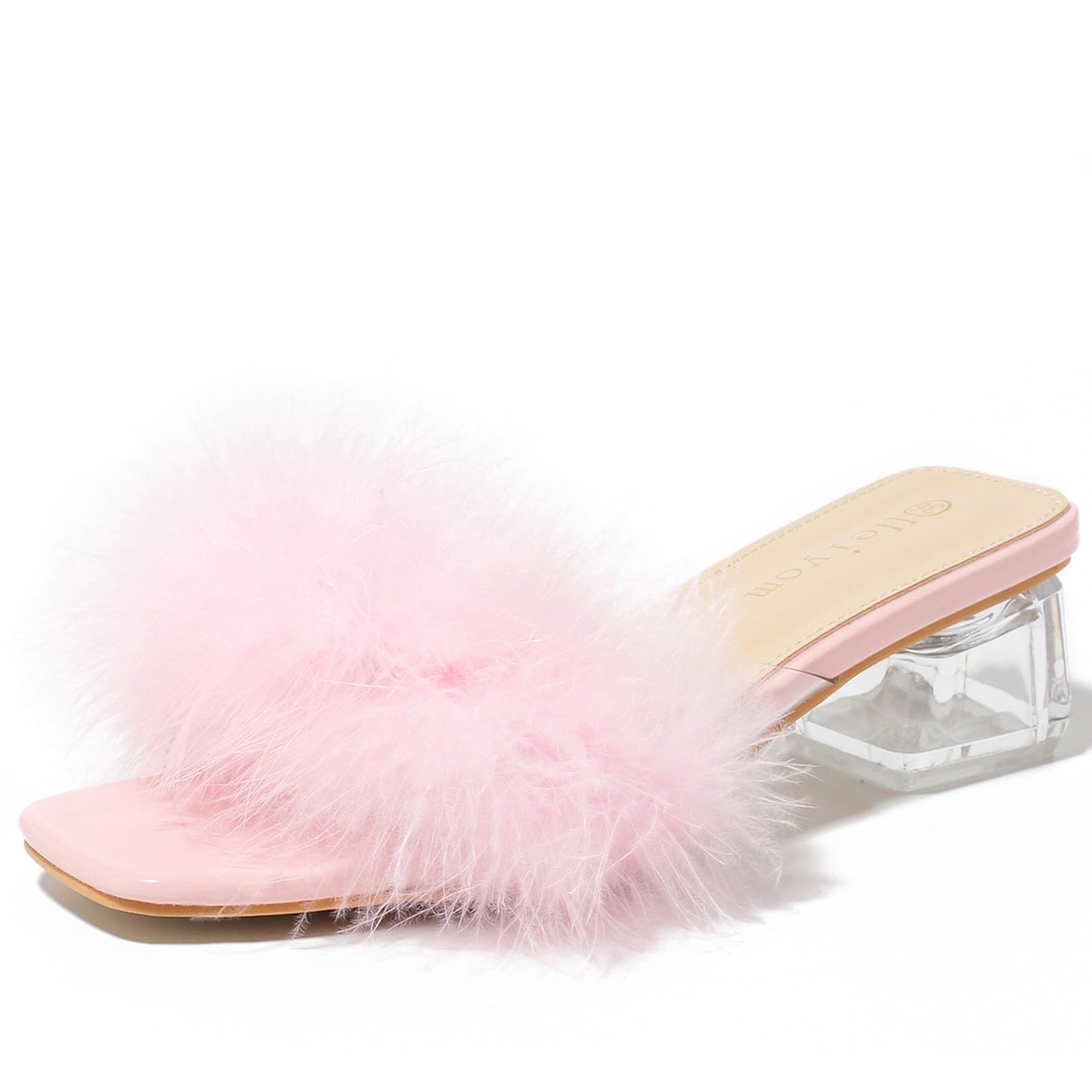 Photo 1 of Women's Square Toe Heeled Sandals Low Block Chunky Heels Clear Mules Fluffy Feather Slip on Wedding Bridal Party Dress Shoes Pink 39 US7.5