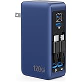 120W USB C Charger Block with 2 Built-in Retractable Cables,4-in-1 GaN IV Foldable Plug Wall Charger Fast Charging Station,PD 65W Laptop Adapter for Macbook/iPad,iPhone 17/16/15/14,Android (Dark Blue)